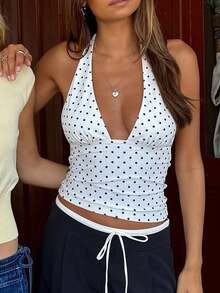 Women's White Polka Dot Halter Top | Deep V Neck Sleeveless Crop Top For Beach & Summer Vacation - White - View 4