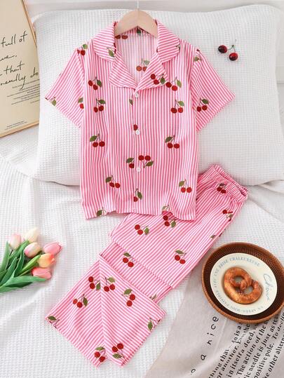 A Stylish And Elegant Two Pieces Set Of Girls' Pajamas, Featuring A Cherry Print Red And White Striped Short Sleeved Top With Long Pants, Casual And Sweet, Suitable For Wearing At Home In Spring, Summer, And Autumn