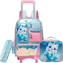 3件套女童拉杆背包，多口袋美人鱼/猫咪图案，适合小学生，带铅笔盒和铅笔盒 - 女童分離式拉桿包 - 查看 17