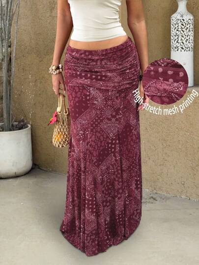 Women's Bohemian Style Mesh Fabric A-Line Long Skirt, Casual High Stretch Paisley Print Skirt