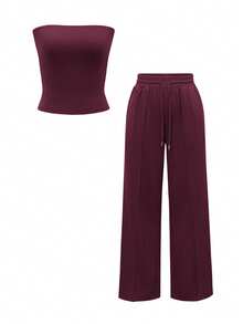 Vaiaye 两件套秋季套装，包括修身性感露肩短款上衣和弹力纯色修身瑜伽抹胸上衣，以及春夏裤装。 - 紫紅色 - 查看 3