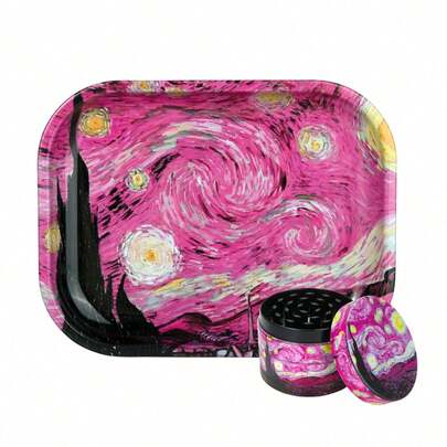 OFFPUFF 2 Pieces Pink Starry Night Rolling Tray And Herb Grinder Set