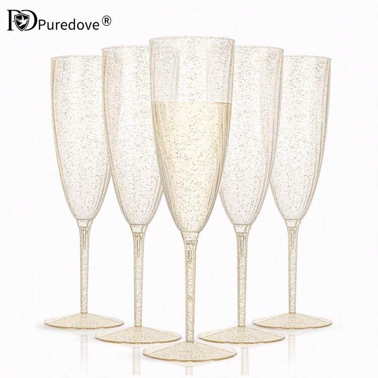 PUREDOVE 2/6/12pcs Plastic Champagne Flutes - Gold Glitter Champagne Glasses Reusable - Perfect For Thanksgiving, Weddings, Birthday, Bridal Showers - 金色 - 查看 1