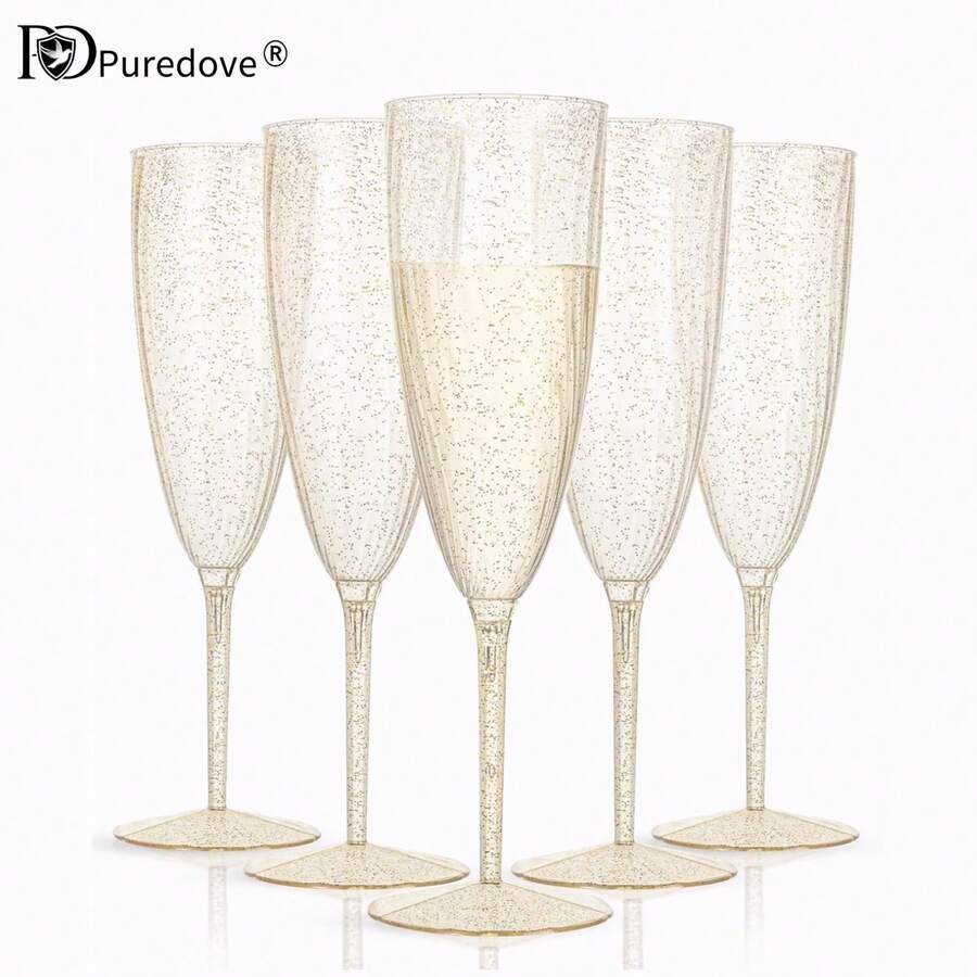 PUREDOVE 2/6/12pcs Plastic Champagne Flutes - Gold Glitter Champagne Glasses Reusable - Perfect For Thanksgiving, Weddings, Birthday, Bridal Showers - 金色 - 查看 1