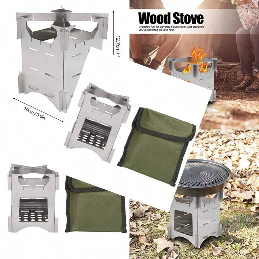 ZAQEstufa para Acampar Plegable Estufa para Acampar Plegable Quema de Leña Estufa de Leña Plegable Portátil de Acero Inoxidable Estufas de Leña para Acampar Al Aire Libre Viajes Senderismo Picnic Estufa - como en la foto - Ver 1