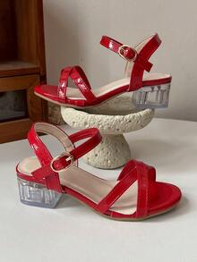 Girls' Elegant High Heel Sandals, Size 26-36 | Chunky Transparent Heel And Ankle Strap | Multi-Color Metallic Shoes, Suitable For Flower Girl, Communion And Formal Occasions - Red - View 5