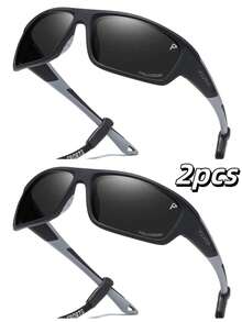 POLASUP 2副运动骑行驾驶钓鱼时尚眼镜，户外徒步旅行骑行眼镜，带硅胶防滑垫（含硅胶眼镜带、便携式眼镜盒、清洁布） - 2set黑灰框/全灰片 - 查看 10