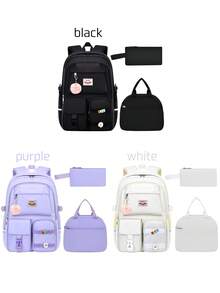 1 Set Solid Color (Plush Pendant + Detachable Hook And Loop*2) Backpack Combo Set, Suitable For Outings And Work, Dual Zipper Design, Can Carry Laptop, Large Capacity, Back To School Gift - Multicolor - View 9