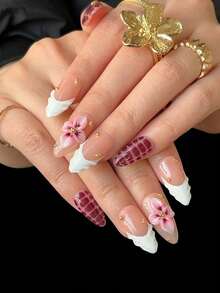 10pcs Almond Handmade Press On Nails, White Embossed French Tips, 3D Flower Carving, Snake Hand-Painted Design, 3D Gold Beads, Simple And Elegant Handmade False Nails, Suitable For Girls And Ladies' Daily, Holiday, Vacation, And School Nail Decorations, Comes With Jelly Gel And Nail File - Multicolor - View 6