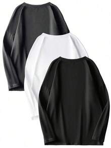 Bộ 3 áo thun nam dài tay cổ tròn, dáng ôm, màu trơn, kiểu dáng cơ bản, thích hợp mặc hàng ngày, mùa xuân/thu. - Nhiều màu - Xem 5