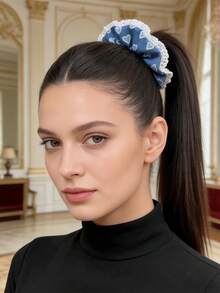 3个情人节女士时尚优雅牛仔爱心印花蕾丝发圈，马尾辫发饰，适合节日、派对、送礼、日常穿搭，波西米亚风优雅发绳 - 彩色 - 查看 8