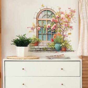 1pc 2D Realistic Arched Window Floral Wall Sticker, Removable Self-Adhesive Decal For Bedroom, Living Room, Entryway Decoration