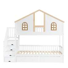 Bunk Bed, Children's Bed, With Contrasting Safety Rail, With Window, Two Drawers With Casters, Stairs With 4 Storage Compartments, Pine+MDF, White+Natural, 90x200cm - White - View 6