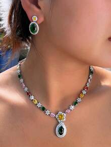 1 套流行多色方晶锆石花朵首饰套装，镀银女士椭圆形 CZ 吊坠耳环和项链，适合婚礼、订婚、宴会、派对、舞会，送给新娘、女友、妻子、圣诞节的礼物 - 彩色 - 查看 4