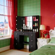 Modern Dressing Table Set With Large Mirror And 7 Drawers Wood Makeup Desk Black - Schwarz - Übersicht 8