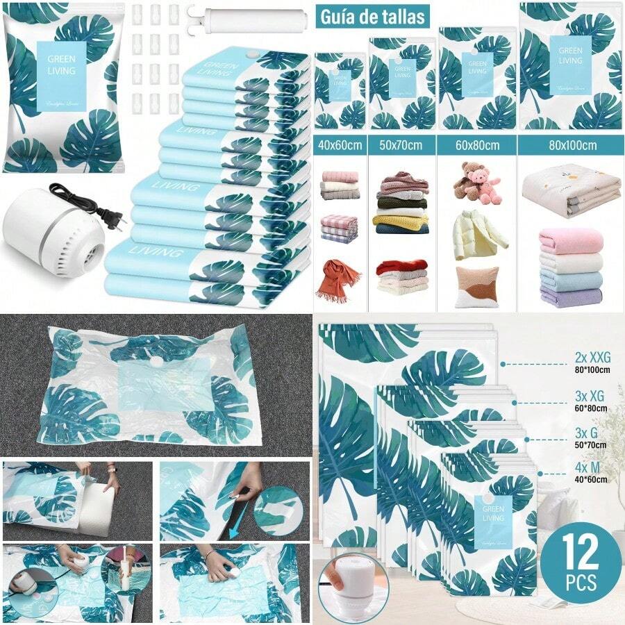 PZW-Bolsas de Almacenamiento de Vacío 12 Pcs Bolsas al Vacio Ropa para Viaje Reutilizables Bolsas de Compresión con Bomba Vacio Eléctrica Ahorro Espacio para Guardar Cobijas Edredones8766 - Hojasdemonstera12unidades - Ver 1