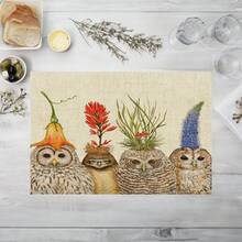 2/4/6 Piezas Manteles individuales con diseño de búhos primaverales y alegres, de 12.5*16.5 pulgadas, rectangulares y aislados. Accesorio de cocina con temática del hogar y de uso diario, perfecto para decorar el comedor y cenas de celebración - Marrón - Ver 2