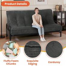8" Futon Mattress Full Size, Futons Sofa Bed Sleeper Couch Bed, Roll Up Mattress With Shredded Foam & 2 Straps For Storage, Futon Floor Mattress For Living Room, Corduroy (Frame Not Included) - 灰色 - 查看 7