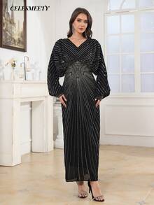 Vestido de Baile de Luxo Estilo Real com Bordado de Lantejoulas e Contas, Vestido Elegante de Manga Morcego de Chiffon Preto Listrado - Preto - Visão 6