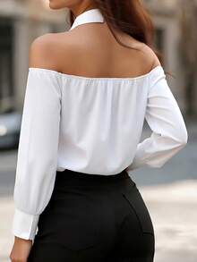 Blusa de manga larga, cuello con lazo, hombros descubiertos, elegante y minimalista, de uso versátil, en color blanco, para primavera/verano - Blanco - Ver 2
