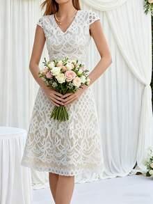 女士婚礼礼物派对服装，蕾丝短袖V领上衣+蕾丝裙两件套，派对服装春季白色 - 白色 - 查看 4