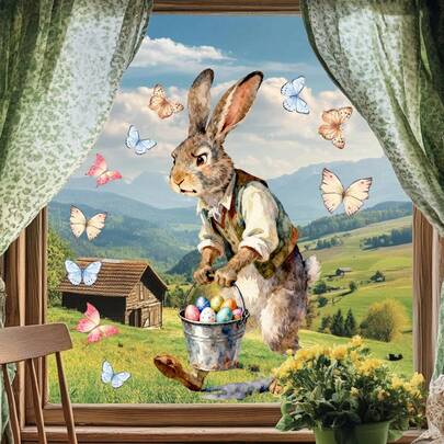 1 st realistisk påskhare som plockar ägg i fönsterdekal, inklusive fjärilsmönster, avtagbar statisk klistermärke för fönster, lämplig för sovrum, vardagsrum, entrédekoration