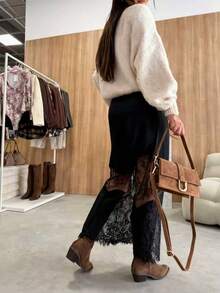 2025新款优雅纯色梭织蕾丝拼接拉链半身裙，修身款式，适合日常穿着，秋冬黑色春季款 - 黑色 - 查看 7