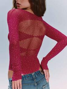 Women Y2K Long Sleeve Mesh Cut Out Rhinestone Bodysuit Fitted Going Out Party Club Top - Hot Pink - View 3