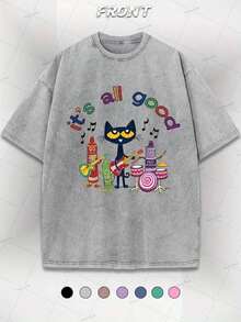 1pc Childhood Memories Of Pete Cat Pure Cotton Short Sleeved Round Neck T-Shirt, Retro Washed T-Shirt - Retro Washed Appearance, Comfortable Casual T-Shirt Graphic Tee Shirts - Màu Xám nhạt - Xem 10