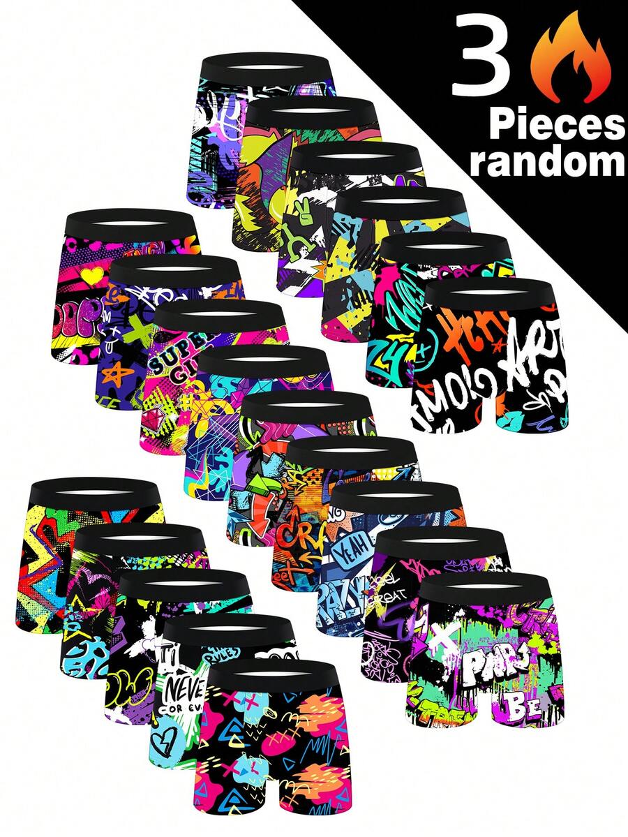 3pcs Men's Fashion Graffiti Printed Shorts Set: Printed Digital Boxer Briefs, Funny Printed Boxing Briefs, Knitted Elastic Breathable Comfortable Men's Underwear, Breathable Skin-Friendly Fashionable Sports Briefs - Multicolor - View 1