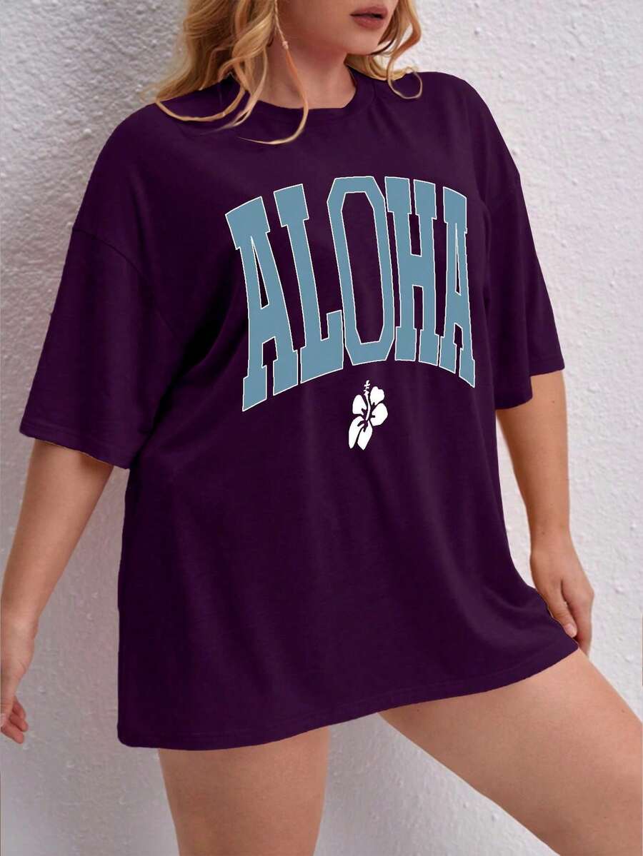 Oversized Printed Aloha Flower T-Shirt, Summer/Spring Short Sleeve Blouse, Lightweight Gym Wear - Purple - View 1