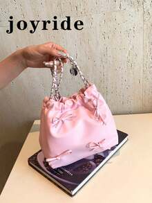 1pc Solid Color Bow Decor PU Leather Women's Shoulder Bag, Fashionable Open-Top Handbag With Chain And Ruched Design, Suitable For Women, Girls, Students, Travel, Party, Daily Use - Pink - View 1