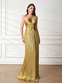 Elegant Women's Gold Sequin Pleated Halter Backless Sexy Evening Dress, Suitable For Formal Occasions - Gold - View 6