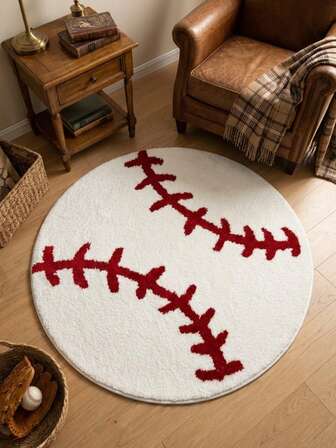 1 pieza Alfombra redonda de área de imitación de lana con diseño clásico de béisbol, lavable, suave, antideslizante, para sala de estar, dormitorio, comedor, entrada, fácil de limpiar y duradera