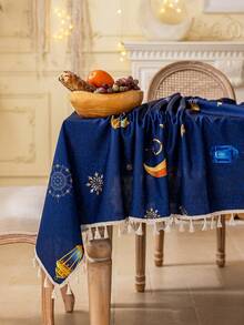 1件蓝色长方形桌布，饰有金色月亮、星星和灯笼图案，米色流苏装饰，可水洗，适用于餐桌、咖啡桌、小方桌，家居装饰，厨房，餐厅，派对，晚宴，阿拉伯风格节日装饰，礼品 - 藍色 - 查看 9