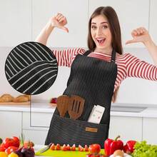 2 Pack Adjustable Bib Apron With 2 Pockets Chef CooFKing Kitchen Restaurant Aprons For Women Men,Red/BlackPinstripes - 紅/黑細條紋 - 查看 5
