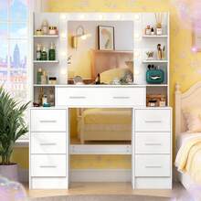 White Dressing Table Set LED Bulbs Large Mirror Vanity Make Up Desk 7 Drawers - White - View 2