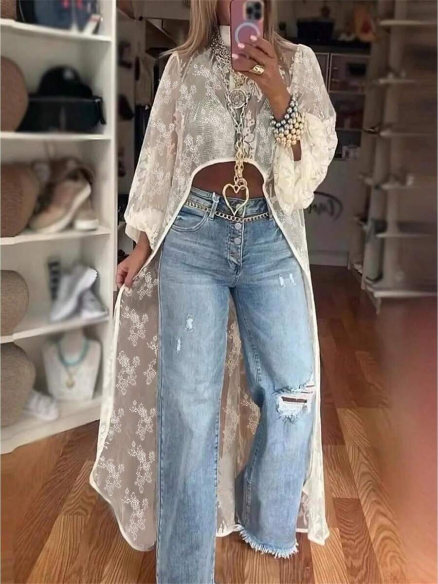 Women's Y2K Vintage Cute Spring Summer White Sheer Lace Floral Pattern Loose Fit Lightweight Cardigan Cover Up For Casual Layering - trắng - Xem 1