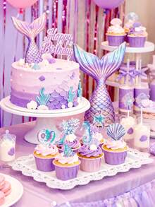 24pcs/12pcs/6pcs/Pack Mermaid Cupcake Toppers - Glitter Mermaid Birthday Decorations Under The Sea Cake Toppers Birthday Party Cake Decorations For Girls Kids Baby Shower,Baby Shower Party Decorations,Party Supplies - Multicolor - View 4