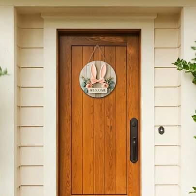 1pc Rustic Farmhouse Easter Bunny Ears Wooden Welcome Sign, 8"X8" Manufactured Wood, Vintage Style Wall Hanging Decor, Multipurpose Holiday Door Sign, English Text Home Wall Art