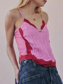 Women Sexy Tie Up Lace Trim Cami Tops Semi Sheer Crop Tops Y2k Girls Cute Summer Camisole Shirt Going Out Tops - 粉色 - 查看 3