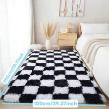 1 件装高档柔软蓬松地毯，带 1 厘米海绵垫，适用于卧室、客厅、阳台、书房、户外野餐、家居装饰，防滑奢华地毯 - 黑與白 - 查看 4