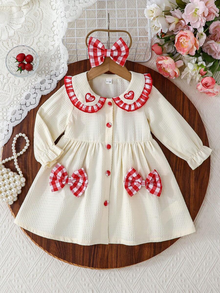 女婴红白格子蝴蝶结装饰连衣裙+发带，甜心领，休闲日常装 - 杏色 - 查看 1