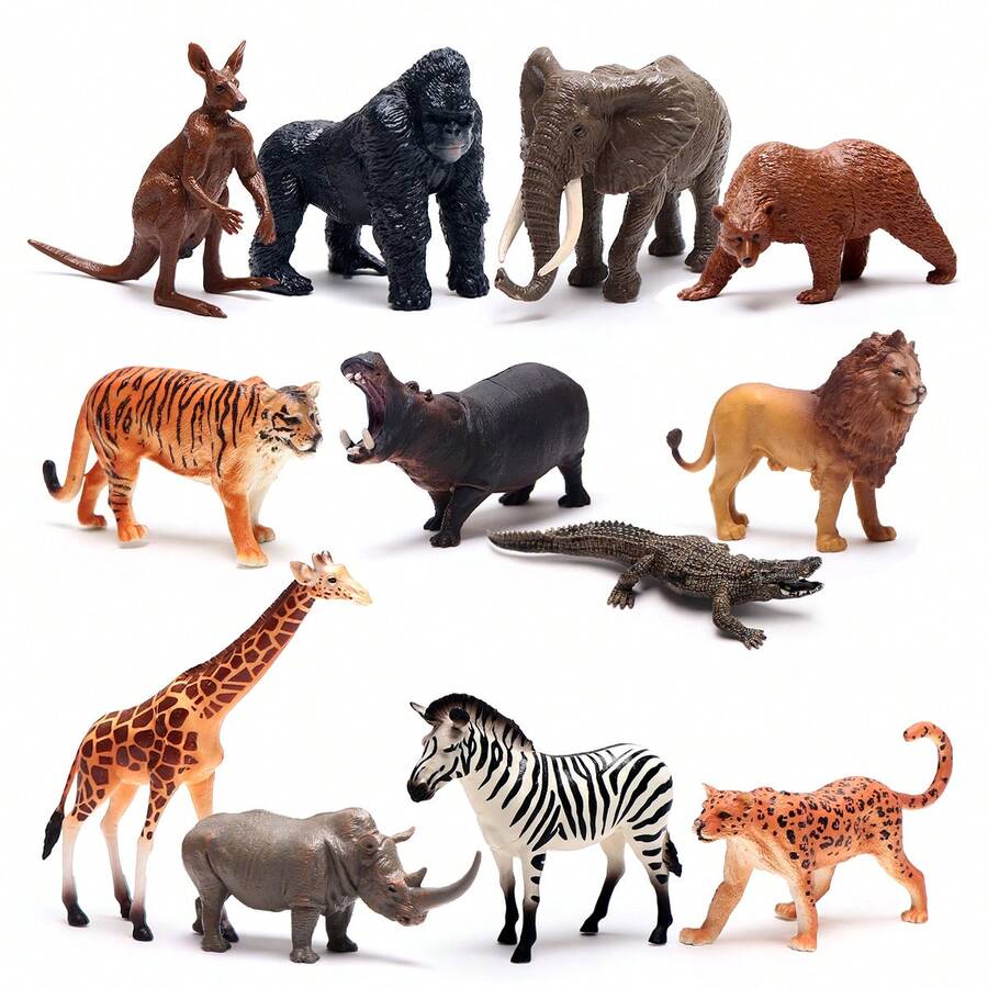 一套 12/18/19/24 个儿童动物恐龙仿真模型，逼真的微型野生动物模型，包括狮子、大象、长颈鹿、老虎、斑马、犀牛、黑猩猩、鳄鱼、猎豹、河马、棕熊，带收纳盒。 - 彩色 - 查看 1