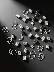 44pcs Stars Moon Combination Fashion Metal Cutout Dreadlock Hair Rings DreadLocks Suitable For Women Girls Holiday Dress Up - Silver - View 2