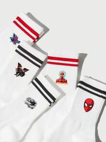 Marvel 5/3/1 双装情侣/男士/女士白色运动袜，饰有酷炫可爱的蜘蛛侠卡通图案，经典简约柔软舒适校园风中筒袜，个性化时尚透气吸湿排汗黑红双条纹袜，适合生日派对/户外运动/校园活动/节日聚会 - 白色 - 查看 3