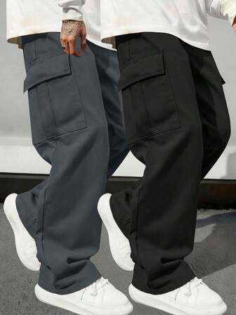 2 件大码男士户外运动套装春秋季多口袋工装裤休闲宽松运动裤适合通勤、跑步、健身