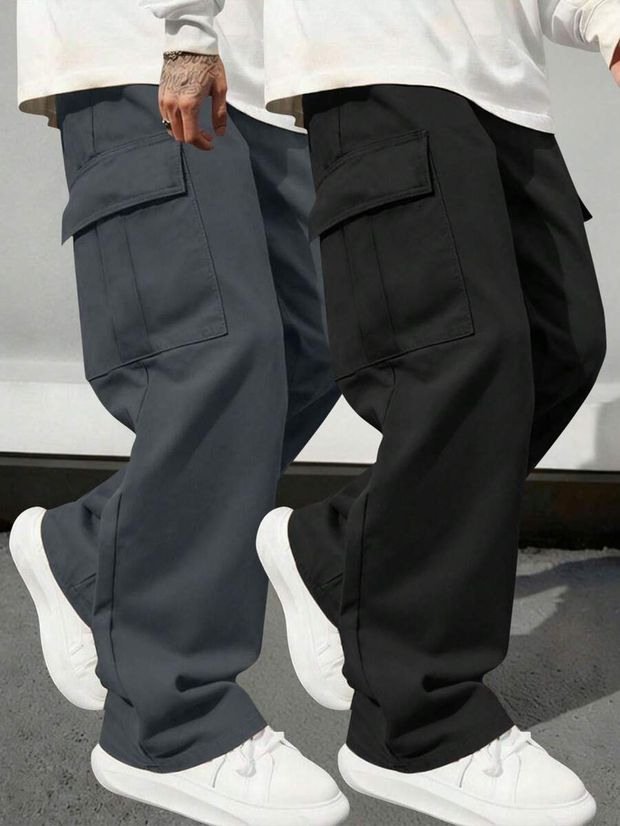 2pcs Plus Size Men's Outdoor Sports Suit, Spring/Autumn, Multi-Pocket Cargo Pants, Casual Loose Fit Workout Trousers For Commuting, Running, Fitness - Multicolor - View 1