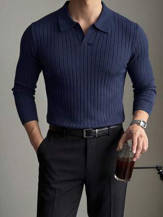 Maglione a costine verticali tinta unita da uomo, semplice e versatile, top a maniche lunghe