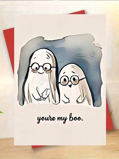 1pc Funny Valentine's Day Greeting Card, "You're My Boo", Glasses-Wearing Ghost Illustration, Suitable For Intimate Partners, Amusing Card, Size 17*24cm/6.69*9.45inch, Durable Paper, Vibrant Printing
